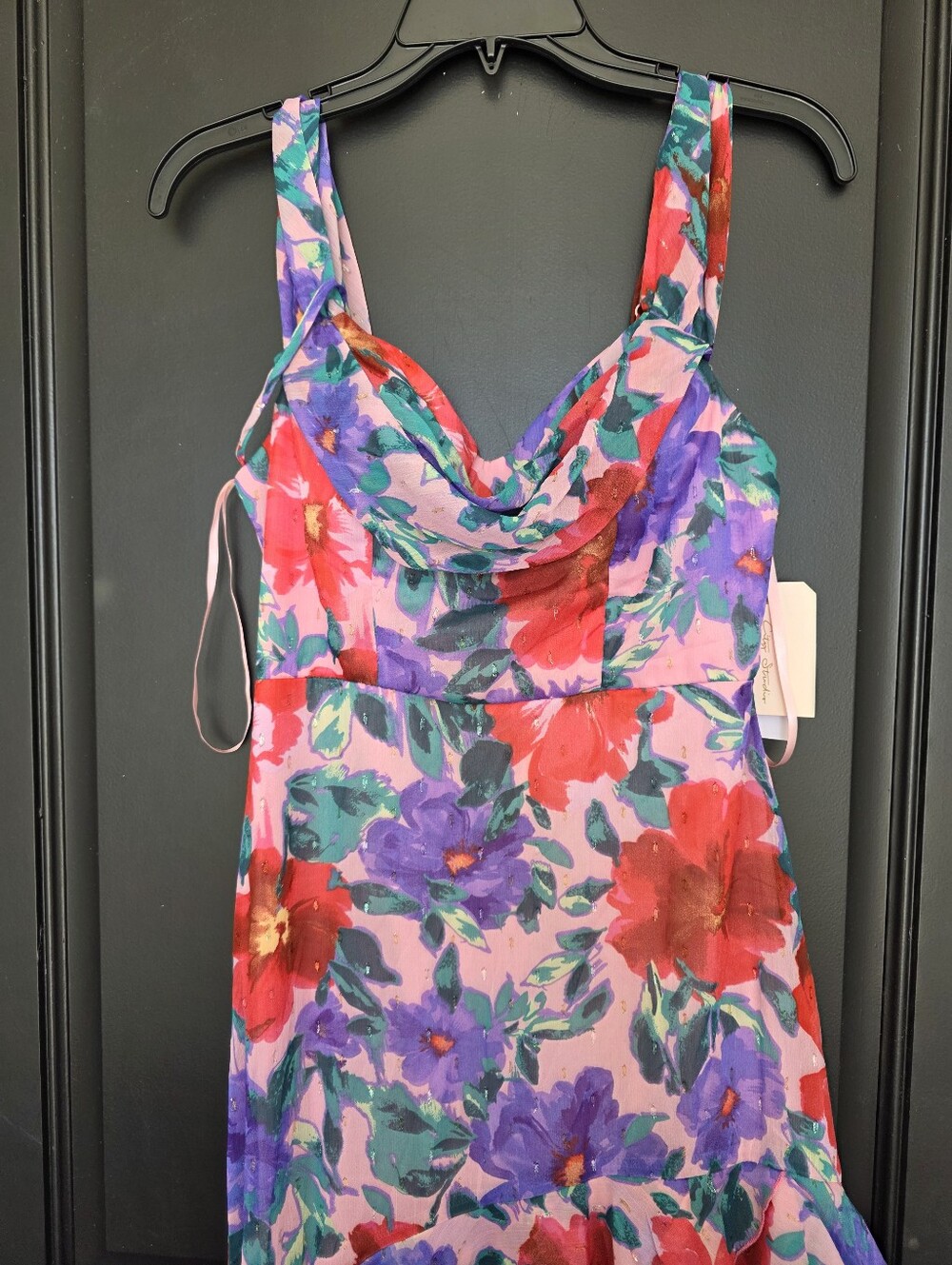 NWT City Studio Floral High Low Ruffle Dress Medium Pink Purple Party Prom Midi - Picture 3 of 8